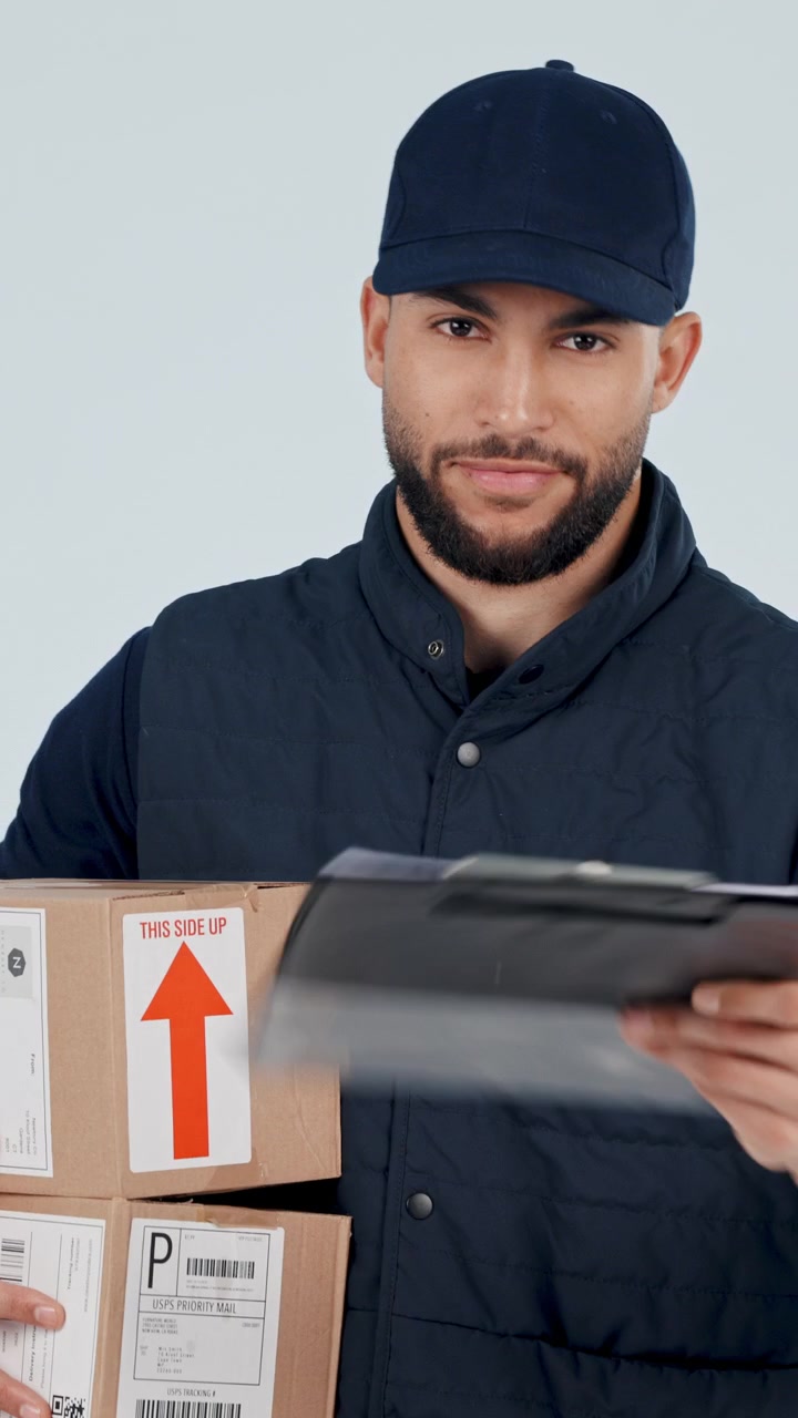 Delivery Person Holding Packages and Presenting Clipboard for Signature