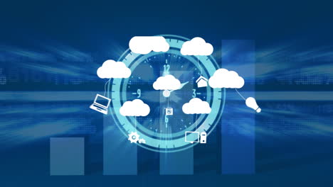 animación de nubes con iconos sobre gráfico y reloj en movimiento