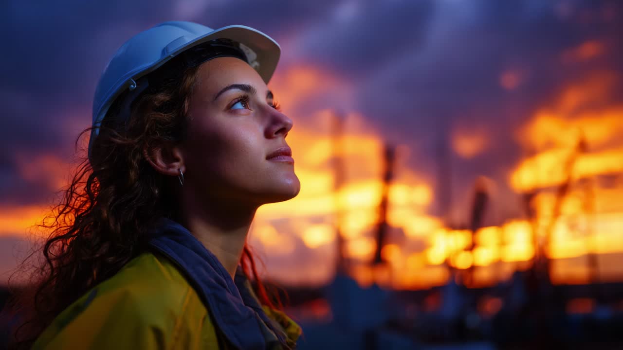 En ung kvinde med hat står foran en dramatisk solnedgang og kigger eftertænksomt op, mens himlens varme farver skaber en fantastisk og reflekterende atmosfære omkring hende.