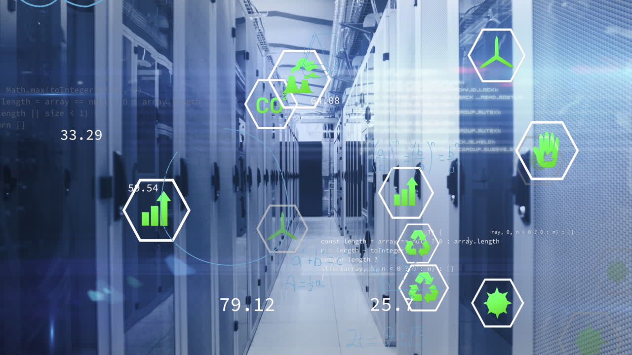 animación de múltiples iconos digitales, procesamiento de datos y puntos de luz contra la sala de servidores de computadora