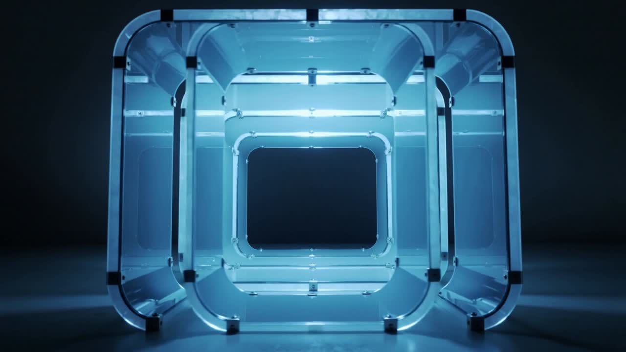 Avviando il motore, cornici acriliche illuminate di blu spostano un ovale e rivelano un centro quadrato annidato in studio