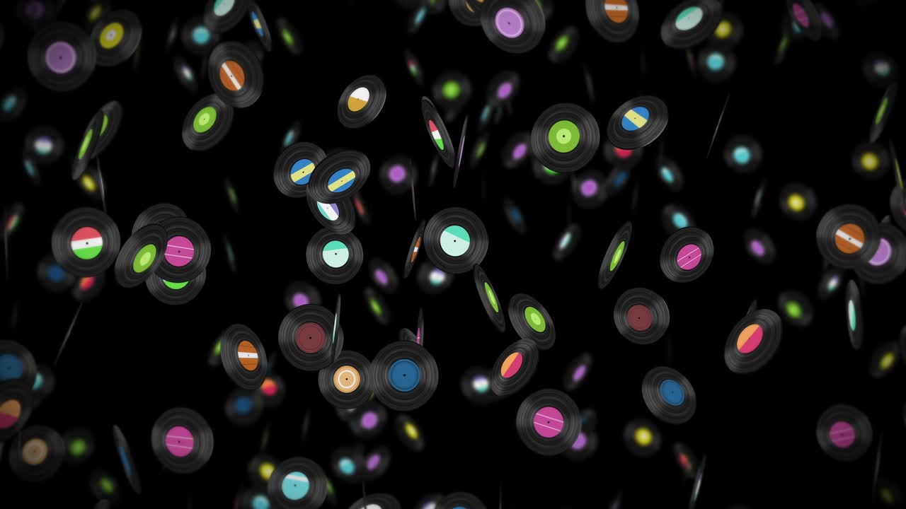 Flying many vinyl records on black background. Old technology. Retro design. 3D animation of music record rotating. Loop animation.