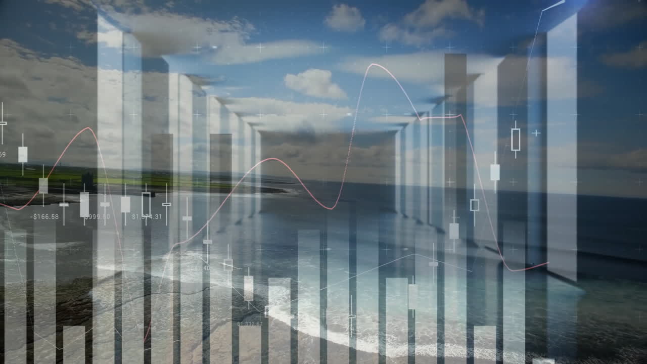 Paesaggio costiero con grafici finanziari e animazione di elaborazione dati in sovrimpressione.