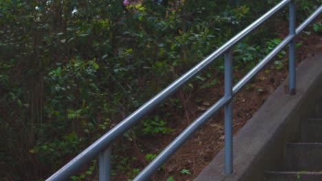 a female jogger prepares for a morning work out as she descends the stairs at a secluded city park
