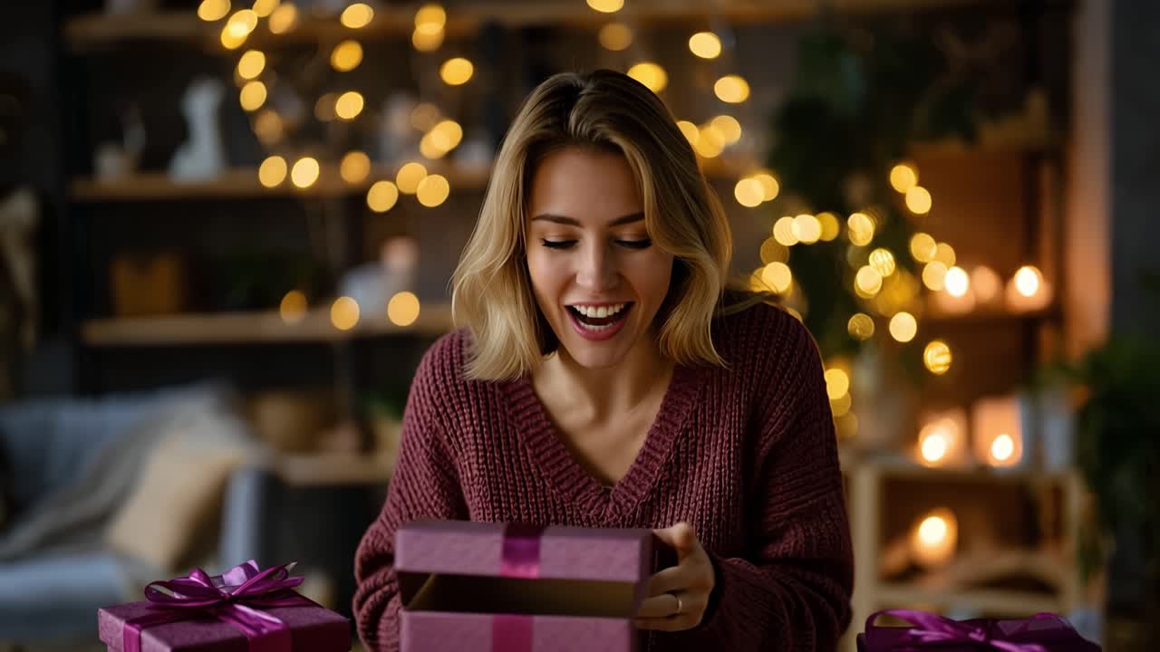 Giovane donna felice che apre una scatola regalo con entusiasmo.