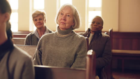 senior woman, church and listening to sermon