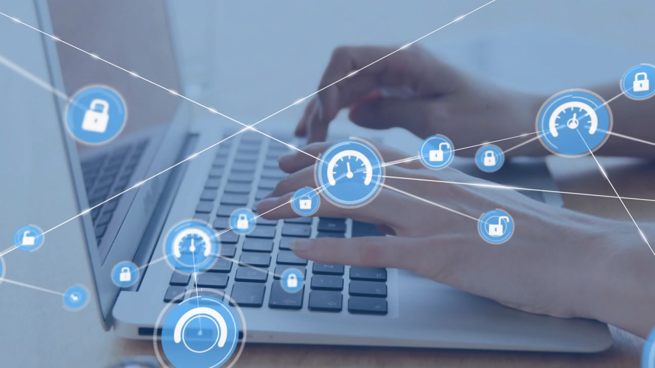 User typing on laptop HUD appearing on keys forming padlocks dials linking net monitoring security