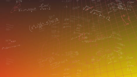 animation of mathematical equations floating over grid network against orange gradient background