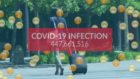 animación de los números de infección por covid-19 termina con emojis sobre una mujer con maleta que lleva una máscara facial