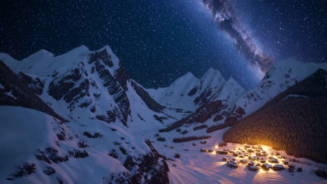 snowy mountain village bathed in starlight and the milky way