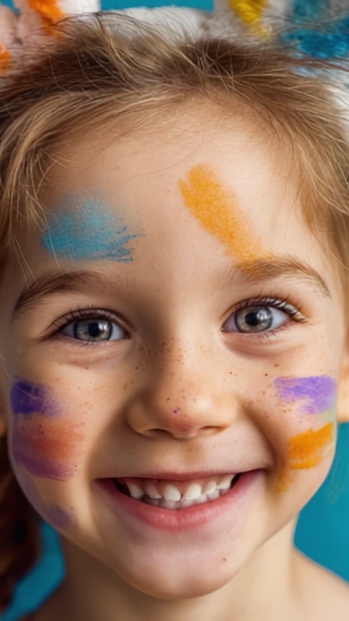 Un niño alegre con pintura facial colorida sonriendo radiantemente sobre un fondo vibrante, capturando la esencia de la felicidad y la diversión