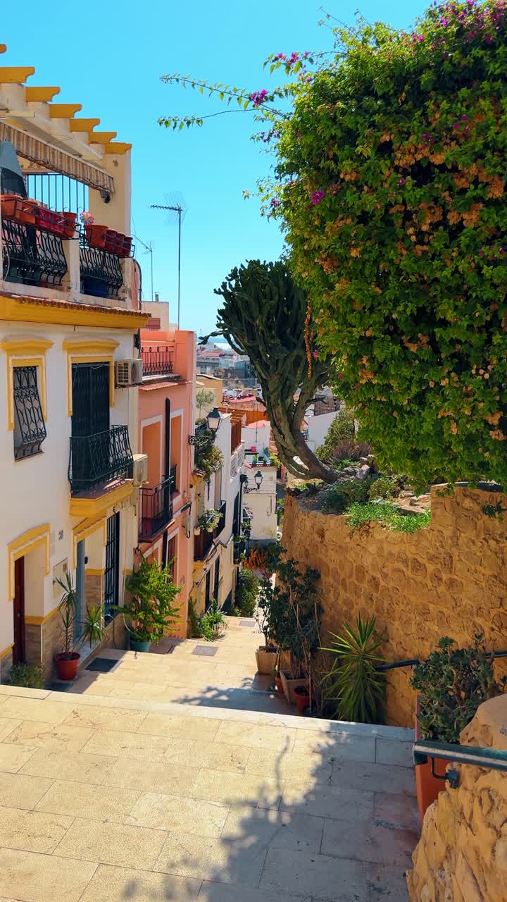 İspanya'da renkli evler ve bitkilerle dar yerleşim sokağı. Alicante'de beyaz binalar, sarı pencere çerçeveleri, saksılar ve taş basamaklarla dik geleneksel ara sokak.