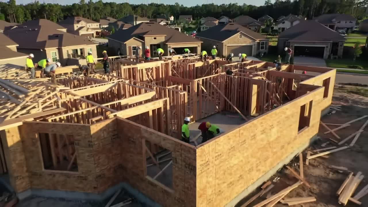 Workers are busy constructing a new home in a suburban neighborhood. Framing is underway as materials are organized around the site. The afternoon sun shines on the busy team of professionals.