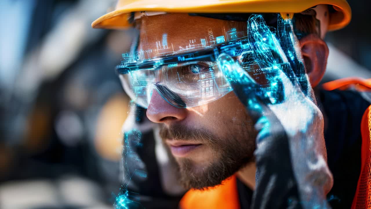 A Focused Workers' Use of Augmented Reality in Safety Gear, Showcasing Advanced Technology and Future-Ready Solutions for On-Site Productivity and Safety Standards