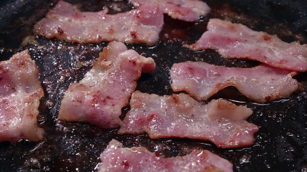 las tiras grasas de tocino se encogen a medida que se cocinan, chisporrotean en la sartén caliente