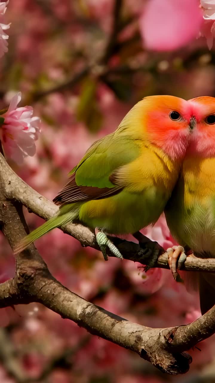 Video verticale: Un pappagallo verticale sposta il compagno che si liscia su un ramo fiorito, con teste rosse e corpi verdi