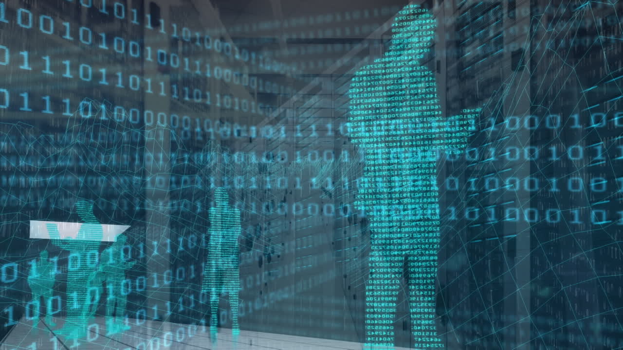 Animation of binary code moving over people silhouettes over servers