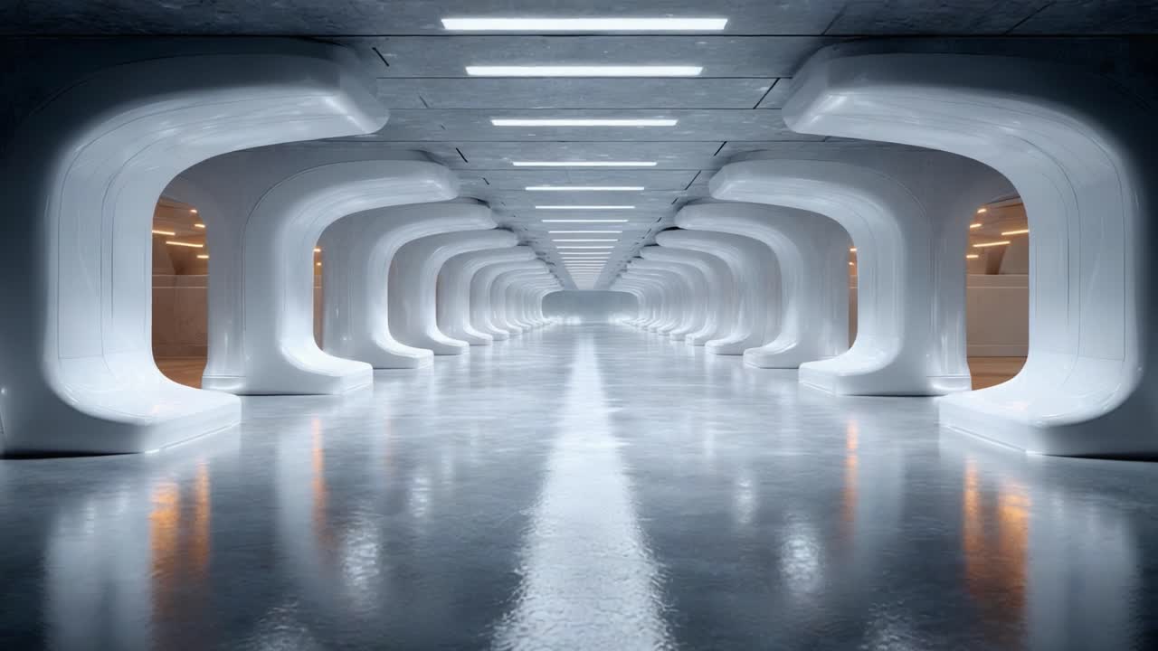 A Futuristic and Minimalist Corridor Featuring Sleek White Structures and Polished Flooring, Illuminated by Soft Lighting in an Expansive and Modern Space