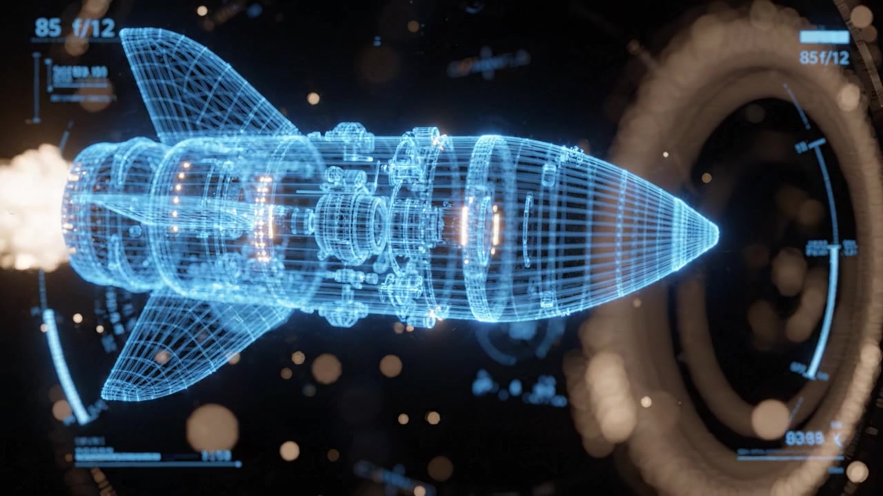 Advanced Spacecraft Technology: A High-Tech Visual Representation of a Rocket Launching into Space with Futuristic Elements and Detailed Digital Components