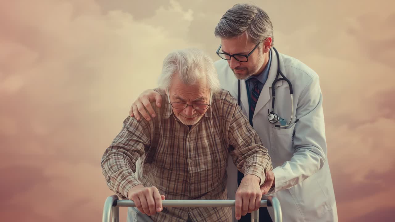 Leaning senior on walker in studio, doctor in coat and stethoscope steadying motion for mobility
