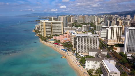 drone footage over waikiki beach with a view of honolulu, on the island of oahu, hawaii