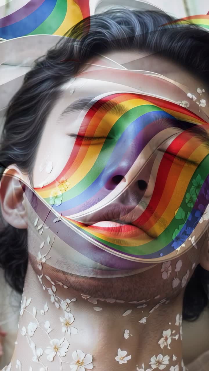 Vertical video: Floral pattern appearing on male in bedroom, rainbow wave gliding revealing gaze