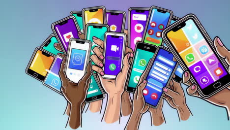 hands holding multiple smartphones displaying various app interfaces