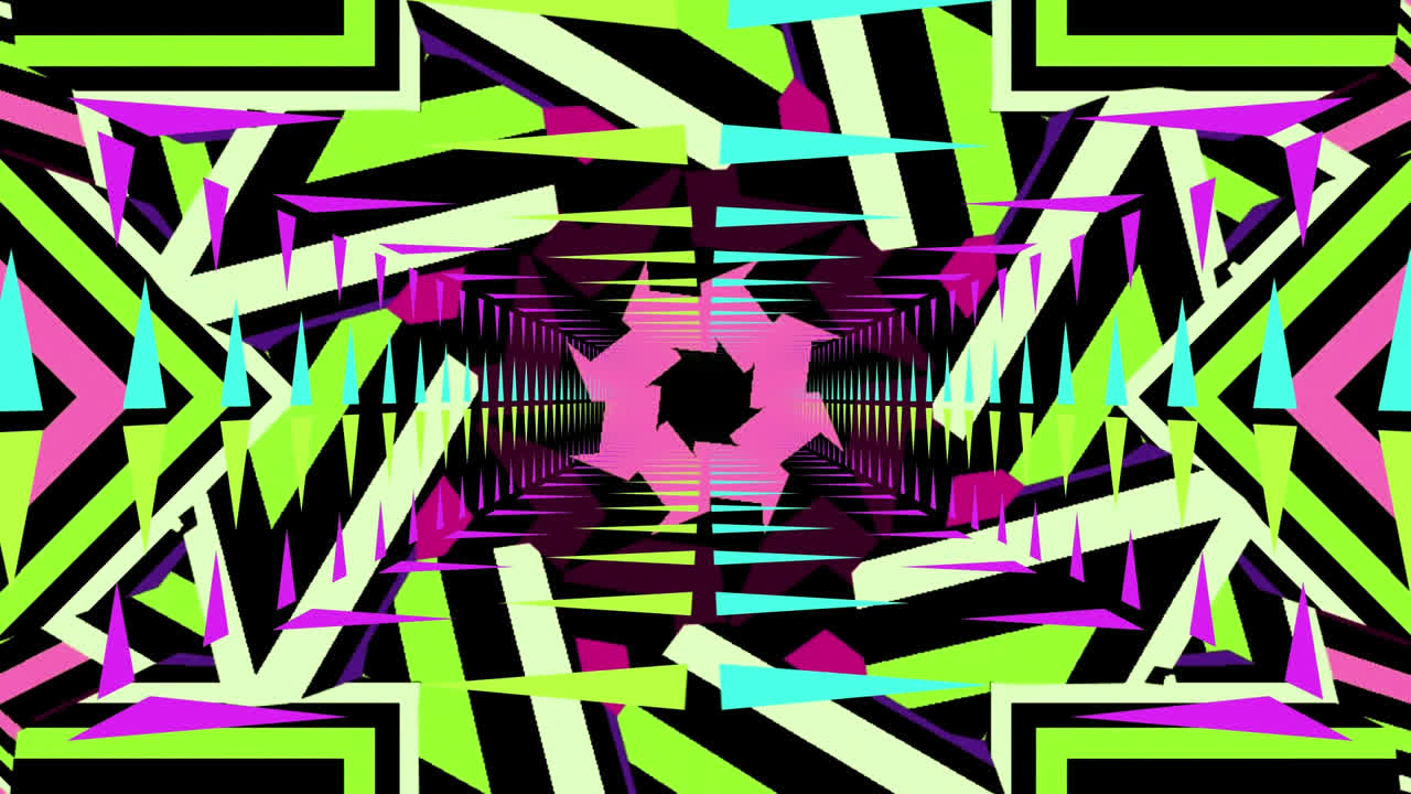 animación de formas caleidoscópicas en movimiento brillantes sobre un fondo negro