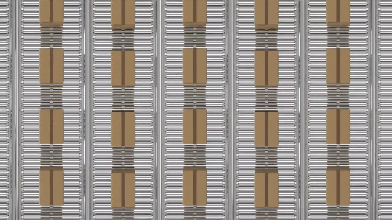 анимация картонных коробок, движущихся на конвейерных лентах на складе