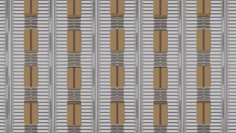 animation of cardboard boxes moving on conveyor belts in warehouse