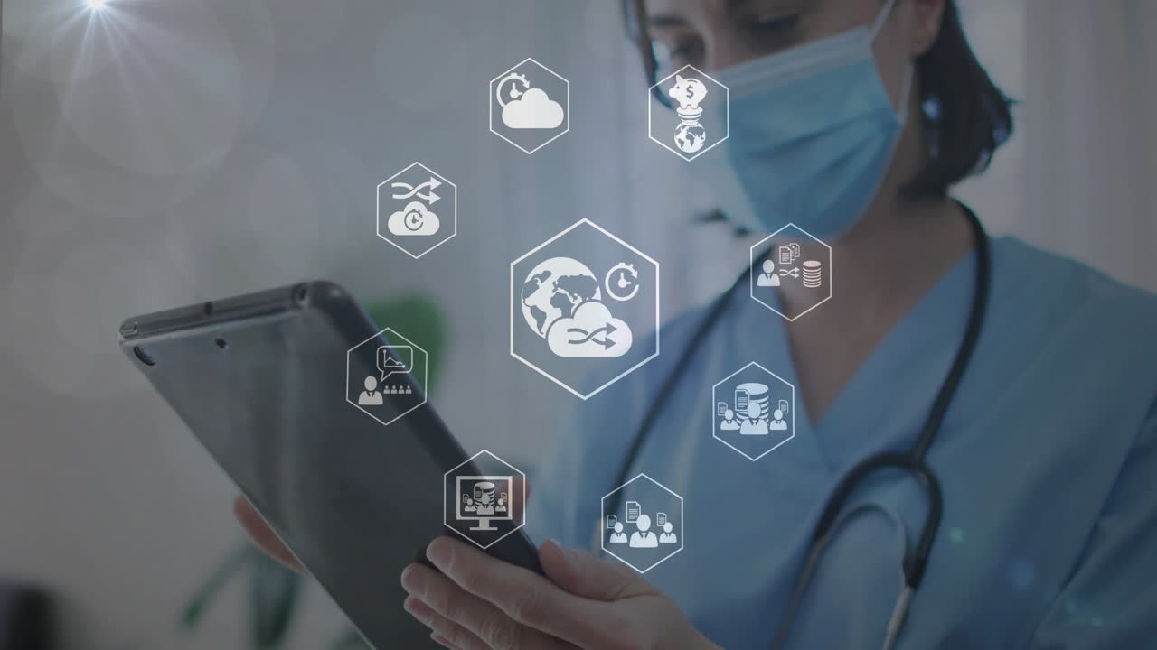 animación de iconos médicos sobre una doctora caucásica con máscara facial con tableta
