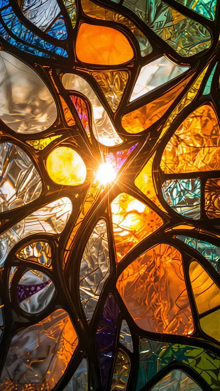 Vertical video: Casting sun on stainedglass panel, forming flare and revealing ripples in atrium