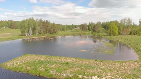 Aerial-view-of-lake-through-trees-in-park-on-sunny-peaceful-summer-day