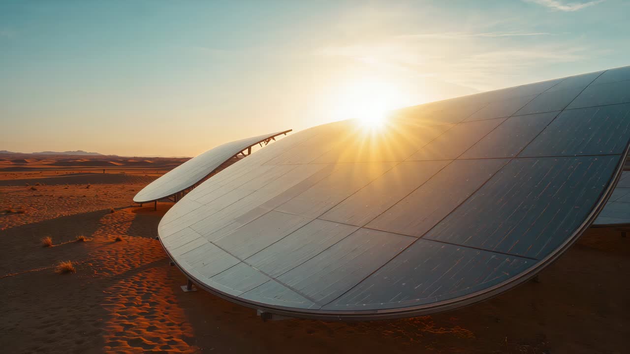 Sol, der starter glødende gitter på buet solpanel i ørkenen, spredes over overfladen og viser energi