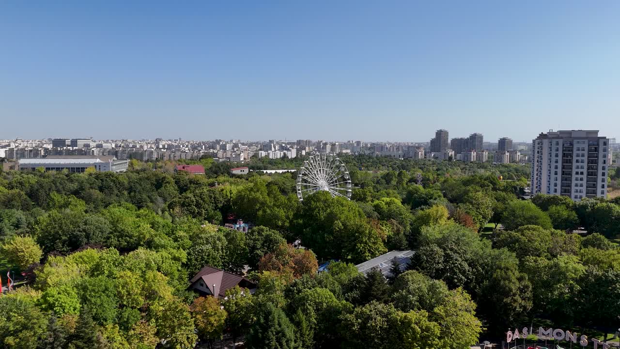 Aerial View of a City Park with Ferris Wheel