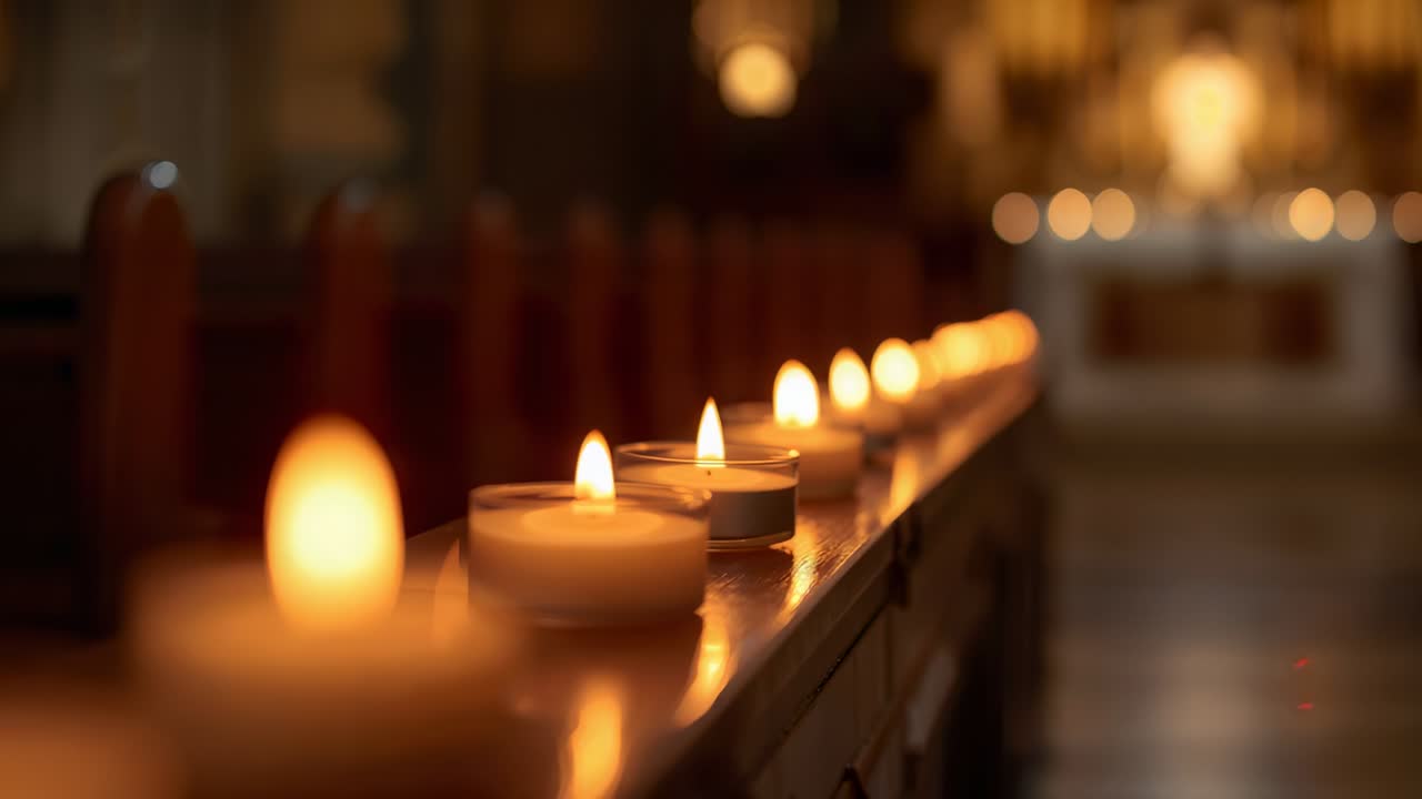 Spostamento della messa a fuoco della camera lungo una fila di candele tealight accese in una cappella, che mostra riflessi e altare