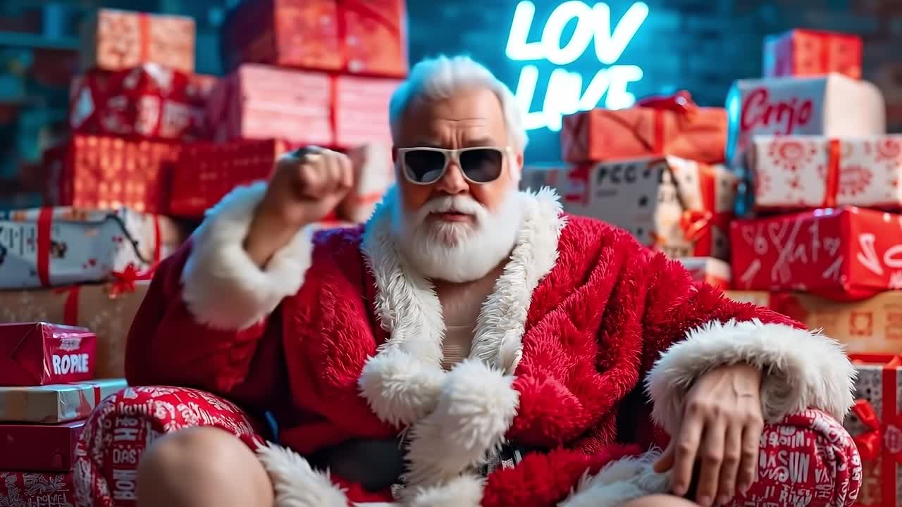 A man dressed as Santa Claus sitting in front of a pile of presents