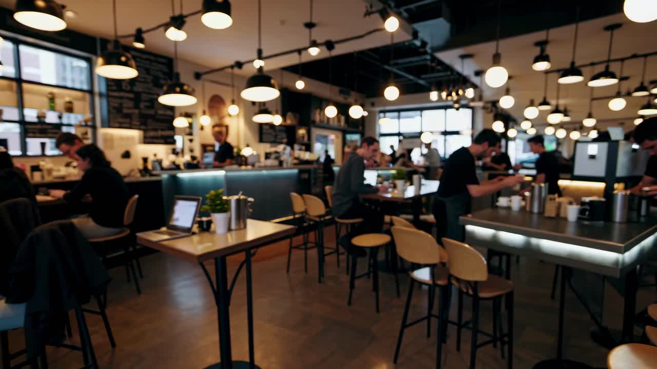 Close-up video shot of a barista pouring milk into a latte, creating intricate patterns
