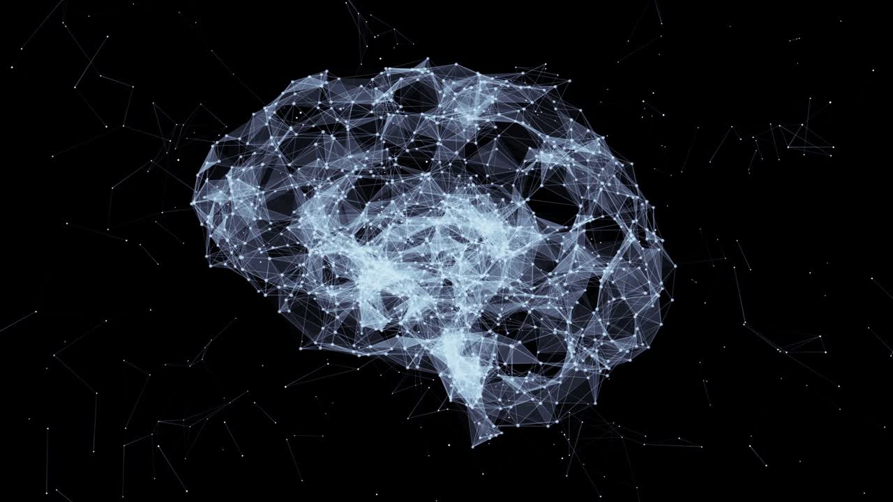 Artificial intelligence human shaped brain formed by particles and connecting lines