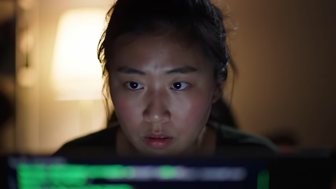 A Deep Dive into Focus: Capturing the Intense Concentration of a Young Woman Engaged in Complex Tasks on Her Computer Late at Night