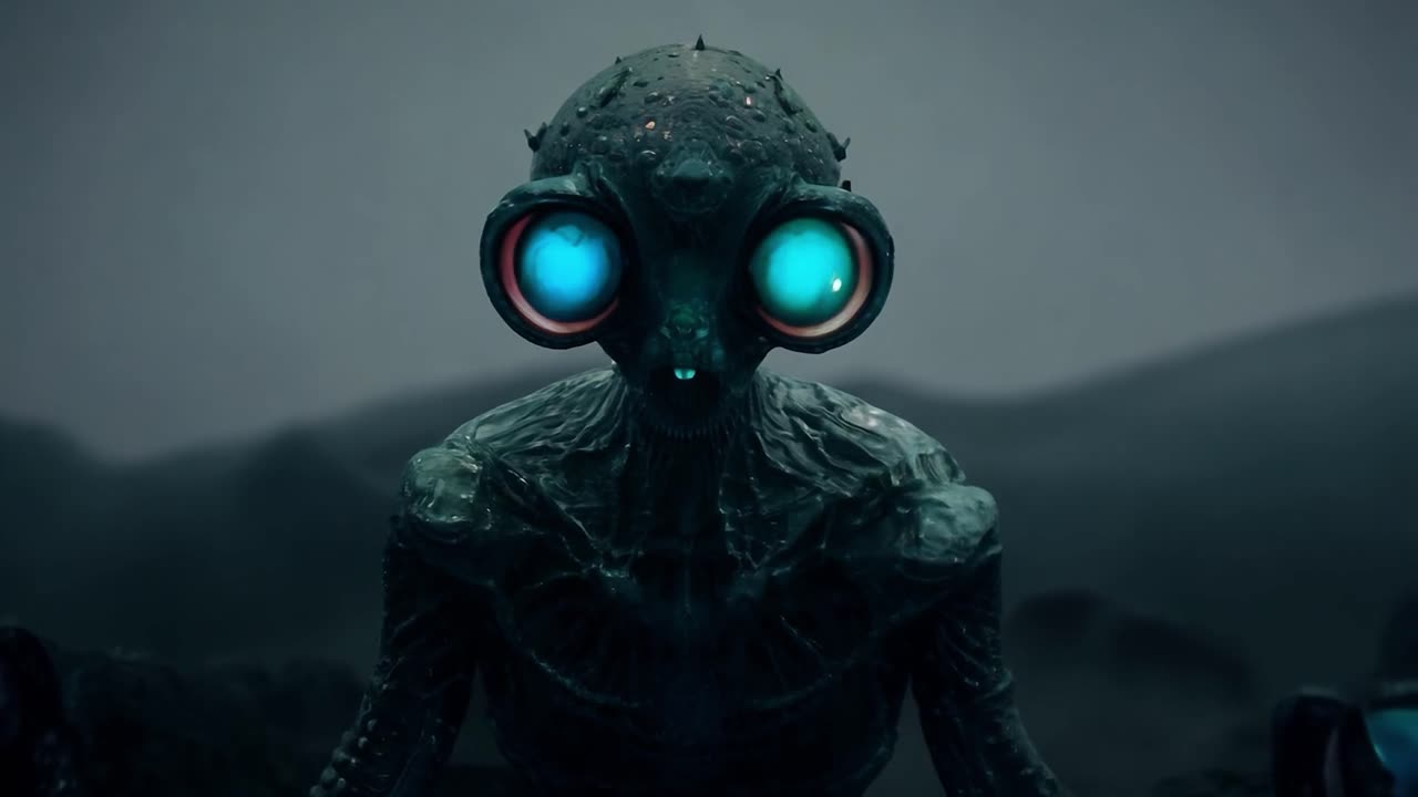 Alien changes eye colors from blue to green while holding two futuristic weapons in a dark background