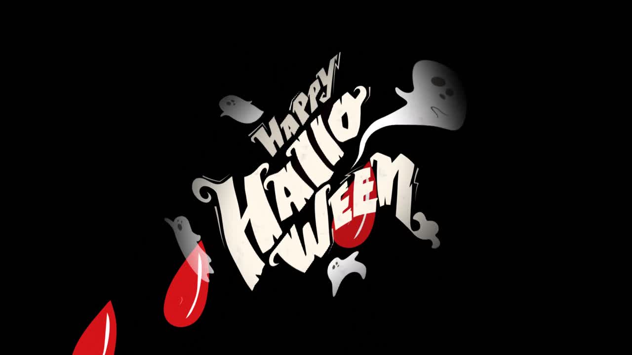 animación de sangre y feliz halloween sobre fondo negro