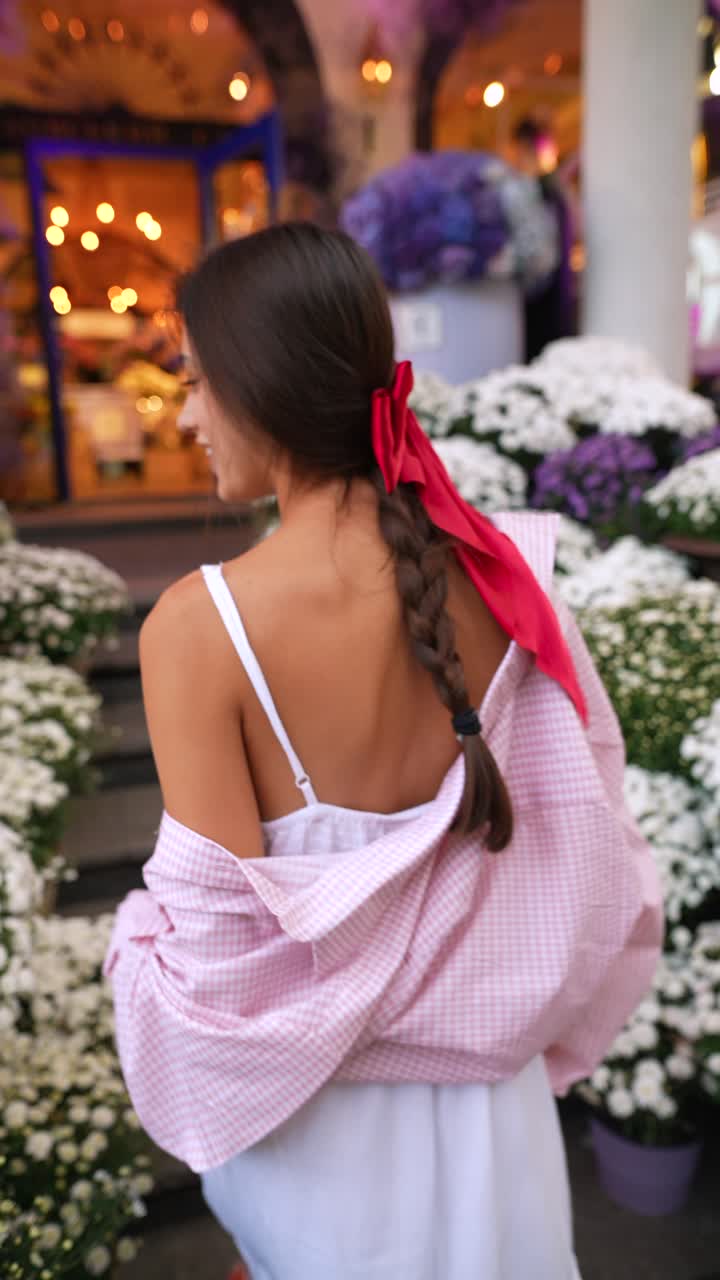 mujer con vestido rosa y flores
