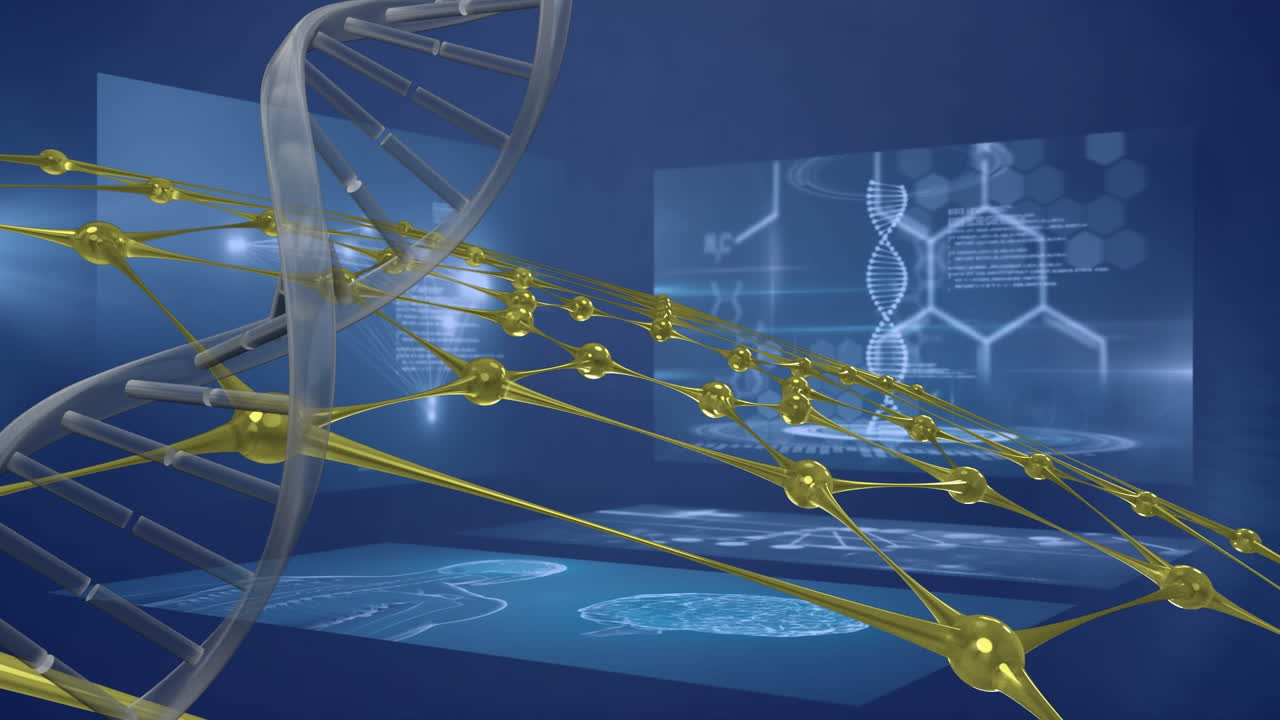 Animation of dna strand and data processing on screens over blue background