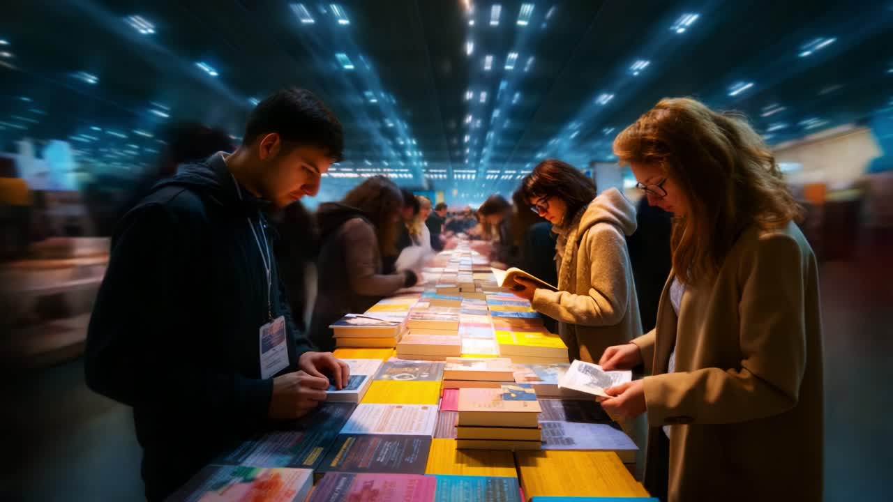A Vibrant Gathering of Book Enthusiasts Engaged in Exploration and Discovery, Immersed in Reading and Sharing Knowledge Amidst a Bustling Literary Environment