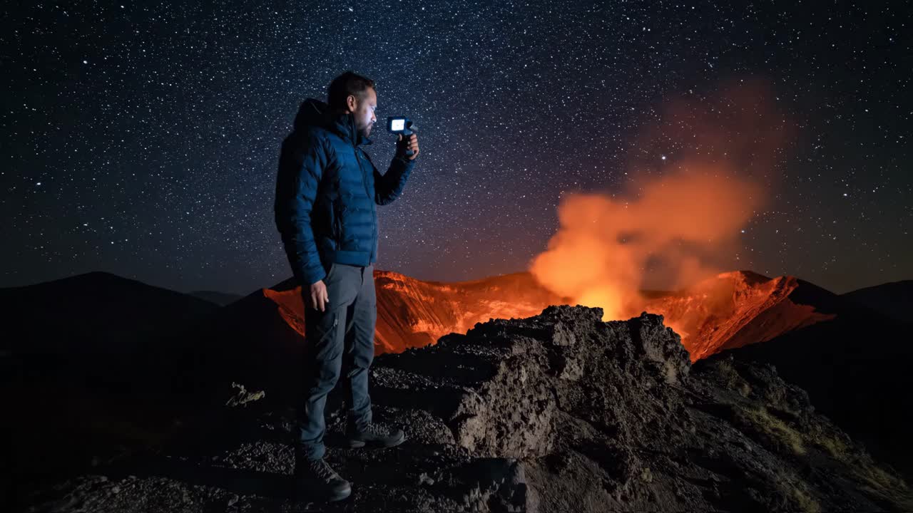 Mann fotograferer en vulkan om natten