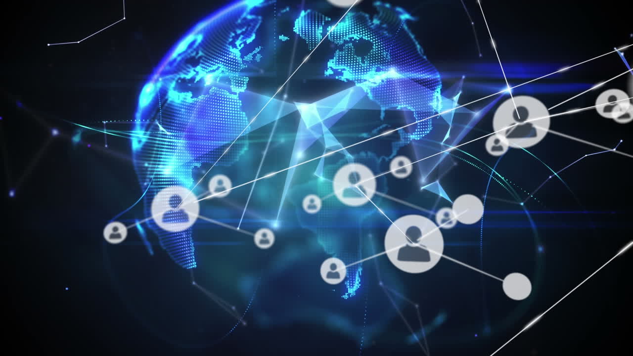 검은색 배경에 있는 플렉서스 네트워크의 회전하는 지구 위의 디지털 아이콘 네트워크의 애니메이션