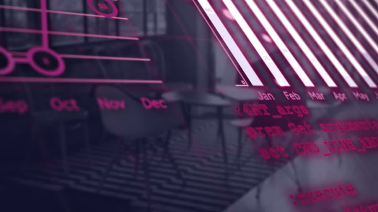 Animation of financial data processing over desk in office