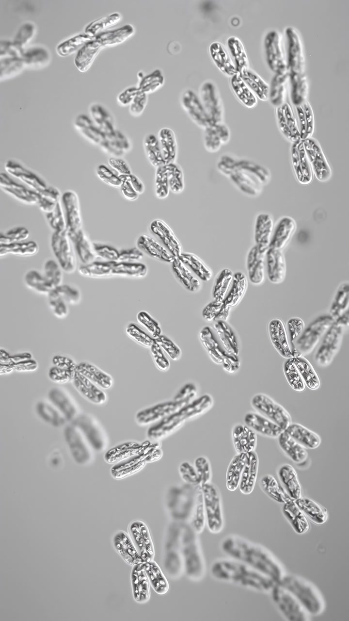 Una vista microscopica mostra numerosi cromosomi condensati che si spostano delicatamente attraverso un campo grigio chiaro, con forme centrali nitide e forme più morbide fuori fuoco che cambiano posizione nel tempo.