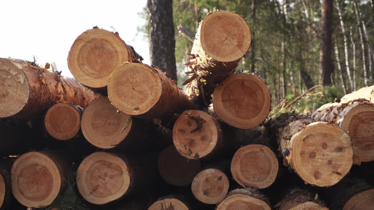 Closeup footage of felled sawn trees lying in a conifer forest at a summer day